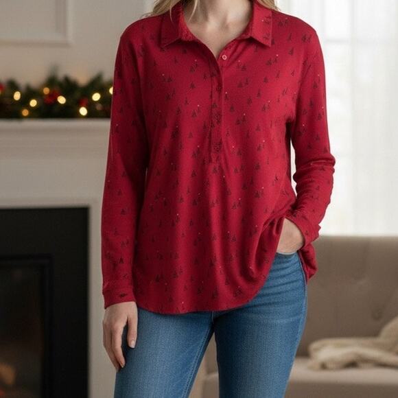 Coldwater Creek Plus Size 3X Red Christmas Tree Print Pullover Tunic Blouse - Picture 1 of 8